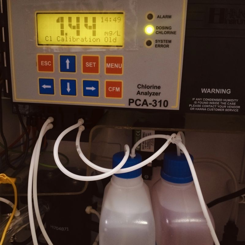 Instalation chlorine analyzer in west Karawang factory plan wings grub using dosing pump Milton Roy, Instalation and trial give result 1.44 until 2.44 mg/l, PCA Hanna Instruments good product chlorine analyzer